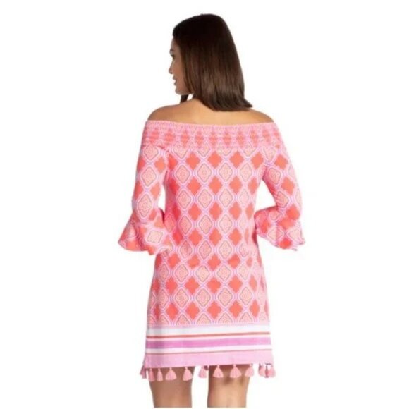NEW! Coral Geo Off The Shoulder Dress Wowens Size Large Vacation Resort Wear - Picture 3 of 14
